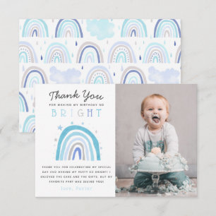 Cute Blue Rainbow Boys Birthday Party Photo  Thank You Card
