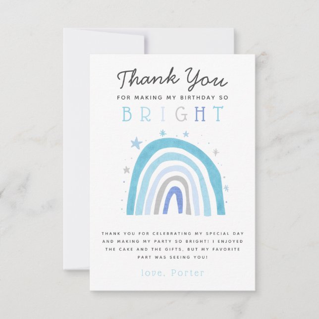 Cute Blue Rainbow Boys Birthday Party  Thank You Card (Front)
