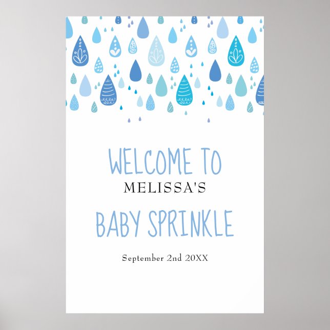 Cute Blue Raindrops Baby Sprinkle / Shower Welcome Poster (Front)