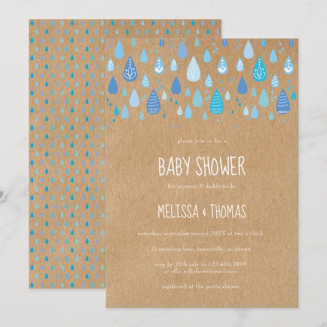 Cute Blue Raindrops Couples Baby Shower / Sprinkle Invitation (Front/Back)