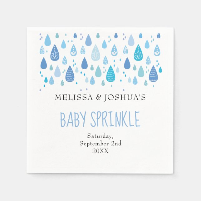 Cute Blue Raindrops Couples Baby Shower / Sprinkle Napkin (Front)
