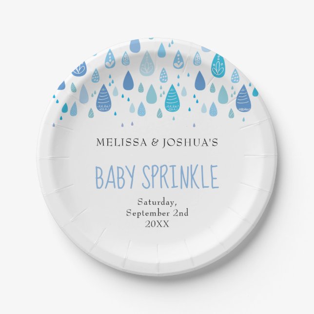 Cute Blue Raindrops Couples Baby Shower / Sprinkle Paper Plate (Front)