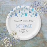 Cute Blue Raindrops Couples Baby Shower Sprinkle Paper Plate<br><div class="desc">Chic blue raindrops fall towards your personalised details on this cute baby shower,  sprinkle,  couples shower or gender reveal paper plate. Designed by Thisisnotme©</div>