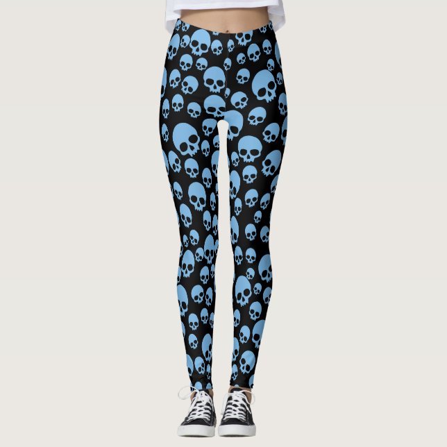 Cute Blue Random Skulls Pattern Leggings (Front)