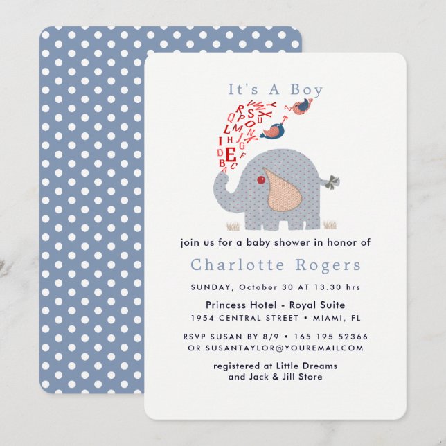 Cute Blue Red Alphabet Elephant Baby Boy Shower Invitation (Front/Back)