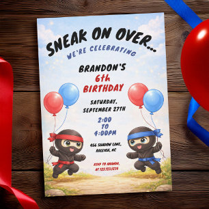 Cute Blue & Red Balloons Two Ninjas Kids Birthday Invitation