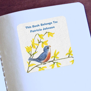 Cute Blue Red Bird Yellow Flowers Faux white Stone Square Sticker