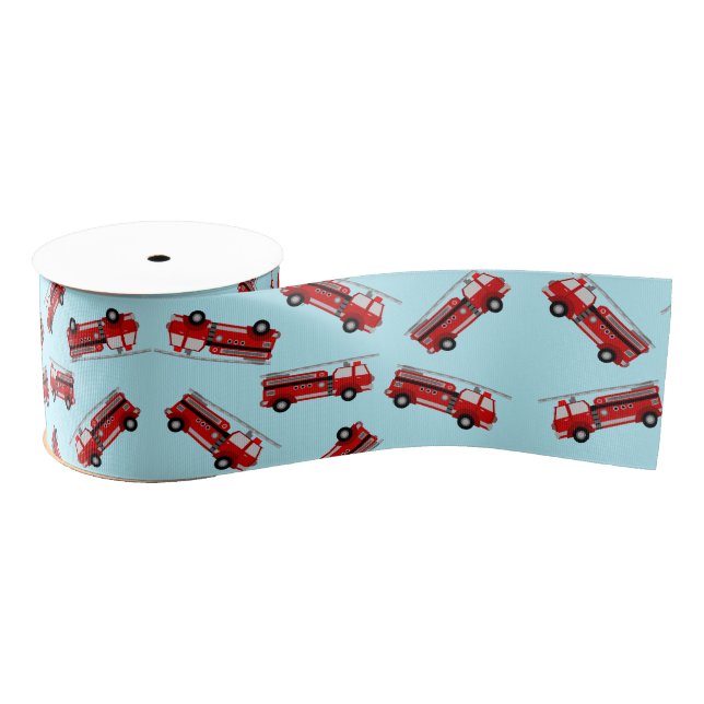 Cute Blue Red Fire truck Kids Birthday Grosgrain Ribbon (Spool)