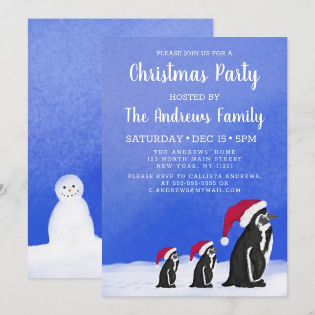 Cute Blue Red Penguin Santa Family Snowy Christmas Invitation (Front/Back)