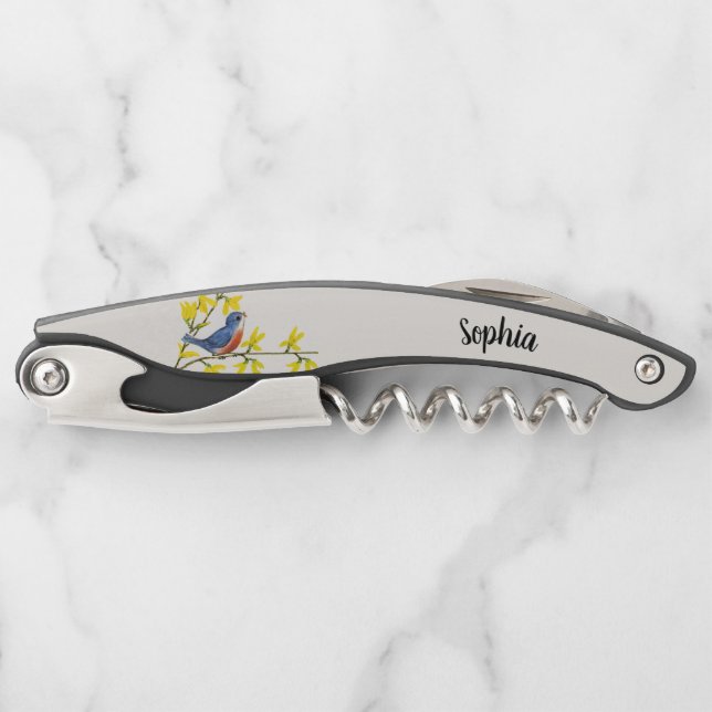 Cute Blue Red Singing Bird Branch Yellow Flowers Corkscrew (Front)