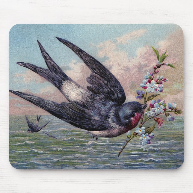 Cute Blue Red Swallow Bird And Pretty Flowers Mouse Mat (Front)