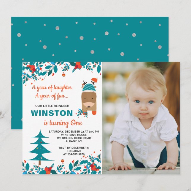 Cute Blue Reindeer Christmas Boy Birthday Photo Invitation (Front/Back)