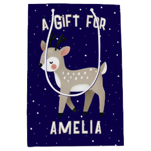 Cute Blue Reindeer Kid`s Name Christmas  Medium Gift Bag