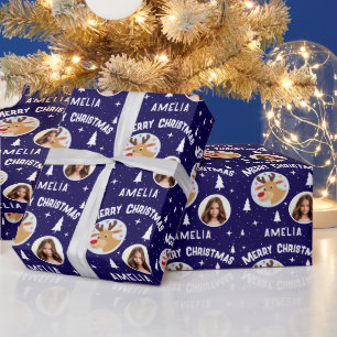 Cute Blue Reindeer Kid`s Name Photo Christmas Wrapping Paper