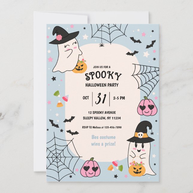 Cute Blue RetroHalloween Party Invitation (Front)