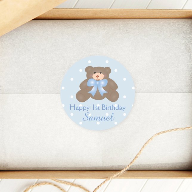 Cute Blue Ribbon Baby Teddy Bear First Birthday Classic Round Sticker (Creator Uploaded)