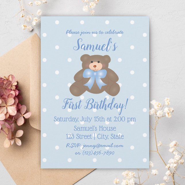 Cute Blue Ribbon Baby Teddy Bear First Birthday Invitation (Creator Uploaded)