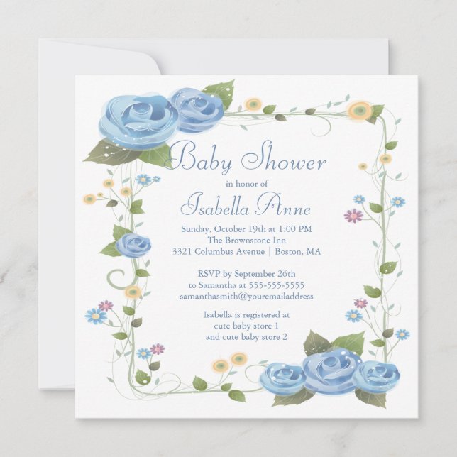 Cute Blue Ribbon Roses Baby Boy Baby Shower Invitation (Front)