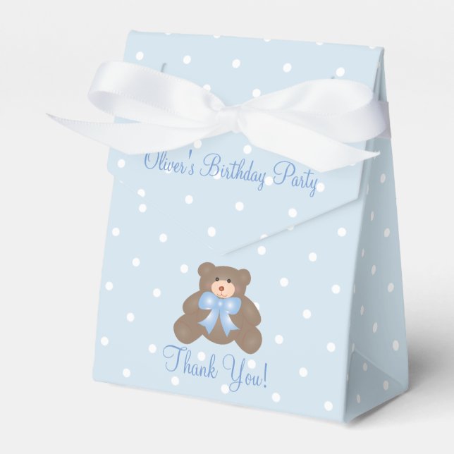 Cute Blue Ribbon Teddy Bear Boy Birthday Party Favour Box (Front Side)