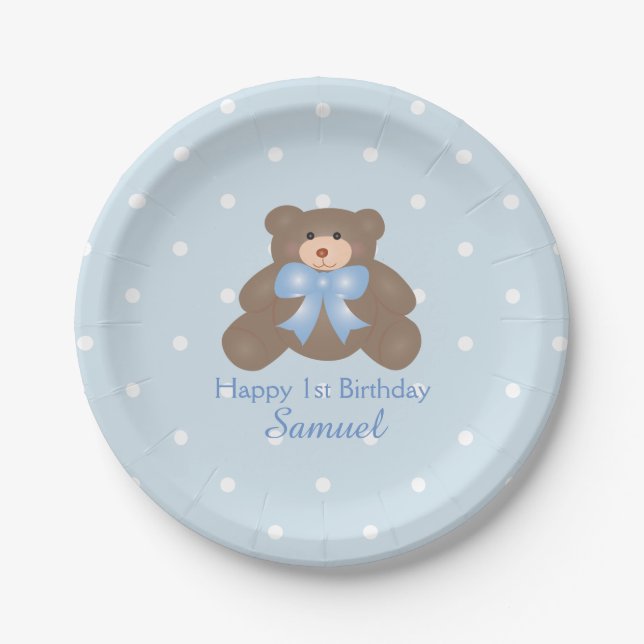 Cute Blue Ribbon Teddy Bear Boy Birthday Party Paper Plate (Front)