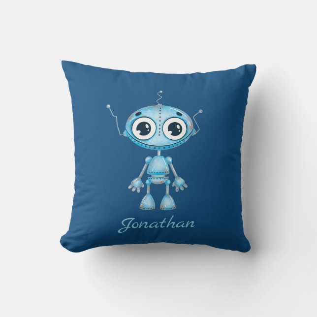 Cute Blue Robot Baby Boy Nursery Kid's Room Cushion (Front)