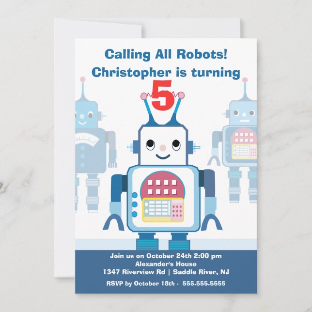Cute Blue Robot Birthday Party Invitation (Front)