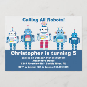 Cute Blue Robot Birthday Party Invitation