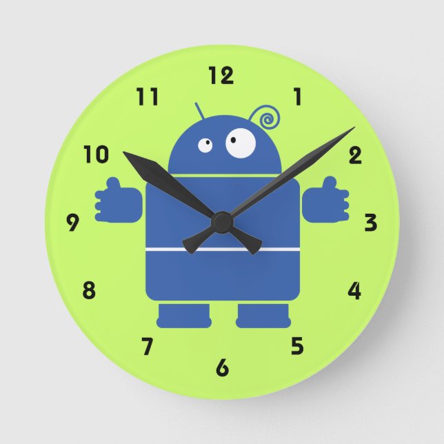 Cute Blue Robot Round Clock (Front)