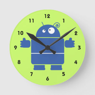 Cute Blue Robot Round Clock