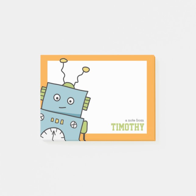 Cute Blue Robot with Personalised Name Post-it Notes (Front)