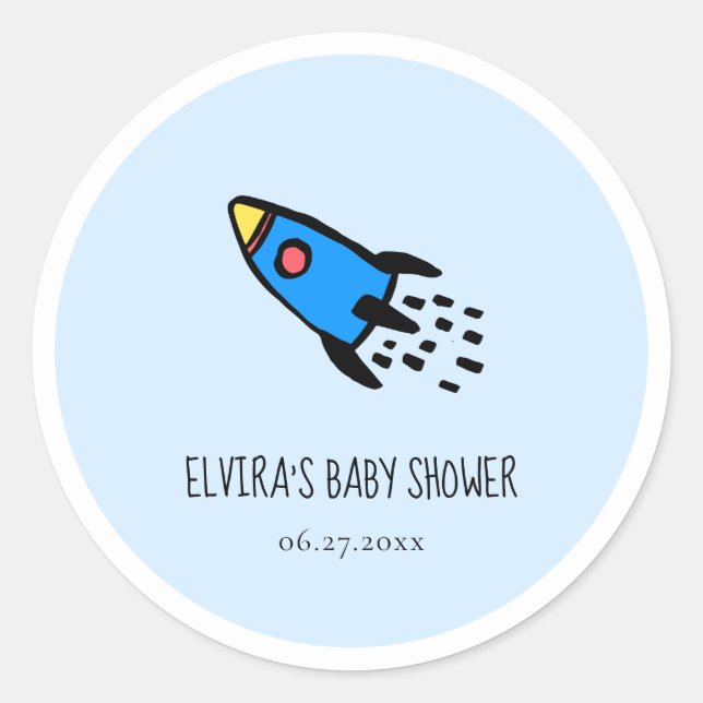Cute blue rocket baby boy Baby shower Classic Round Sticker (Front)