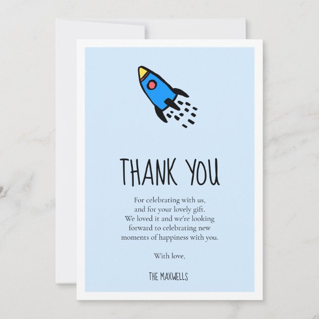 Cute blue rocket baby boy Baby shower Thank You Card (Front)