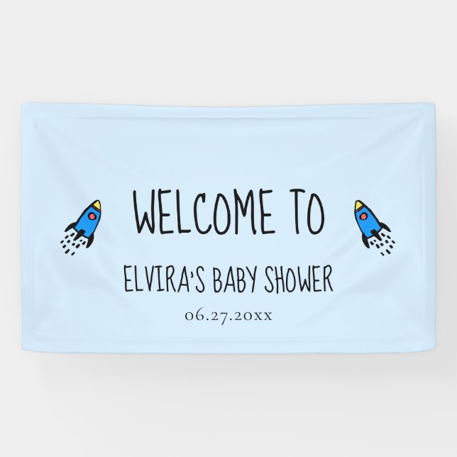 Cute blue rocket baby boy Baby shower Welcome Banner (Horizontal)