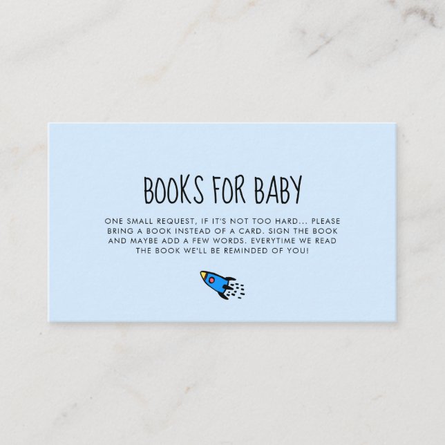 Cute blue rocket baby shower book request card (Front)