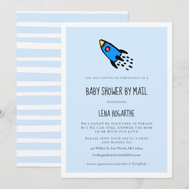Cute blue rocket Boy Baby Shower by mail Invitation (Front/Back)
