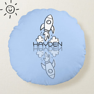Cute Blue Rocket Reflection Doodle Custom Name Round Cushion