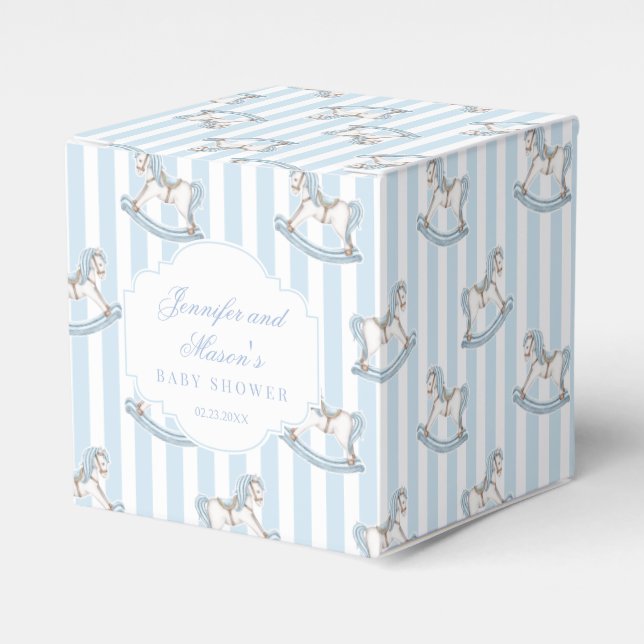 Cute blue rocking horse baby boy shower favour box (Front Side)