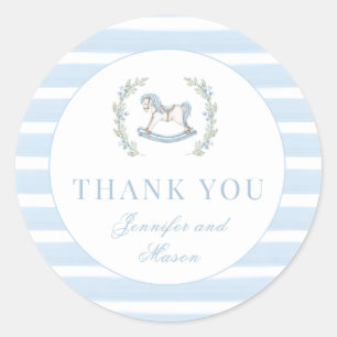 Cute blue rocking horse baby boy shower thank you classic round sticker