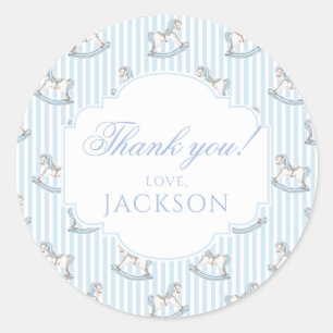 Cute blue rocking horse birthday boy thank you classic round sticker