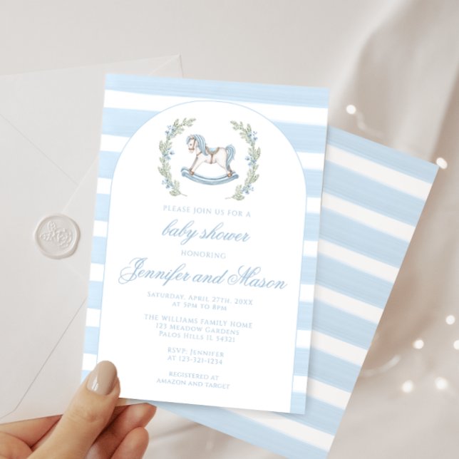 Cute blue rocking horse bohemian baby boy shower invitation (Creator Uploaded)