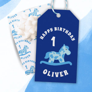 Cute Blue Rocking Horse Boy 1st Birthday  Gift Tags