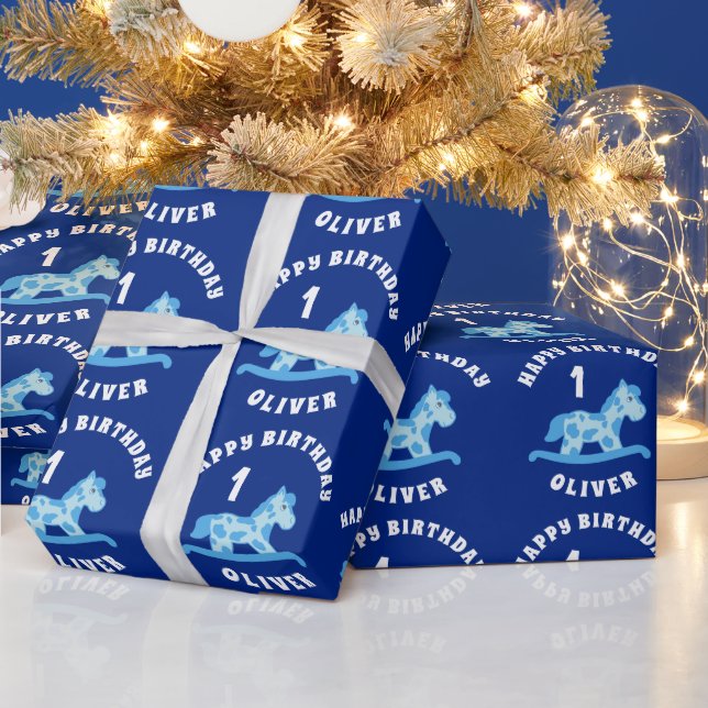Cute Blue Rocking Horse Boy 1st Birthday  Wrapping Paper (Holidays)
