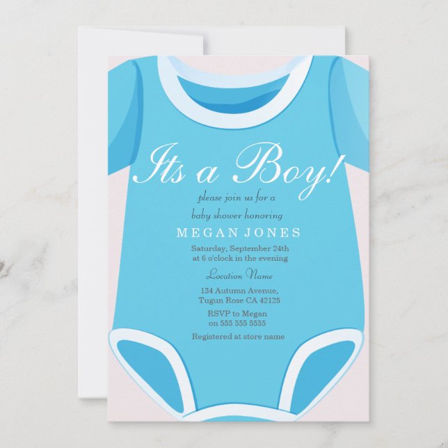 Cute Blue Romper Its a boy baby shower invite (Front)