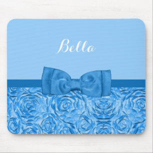 Cute Blue Rose Floral With Pretty Bow and Name Mouse Mat