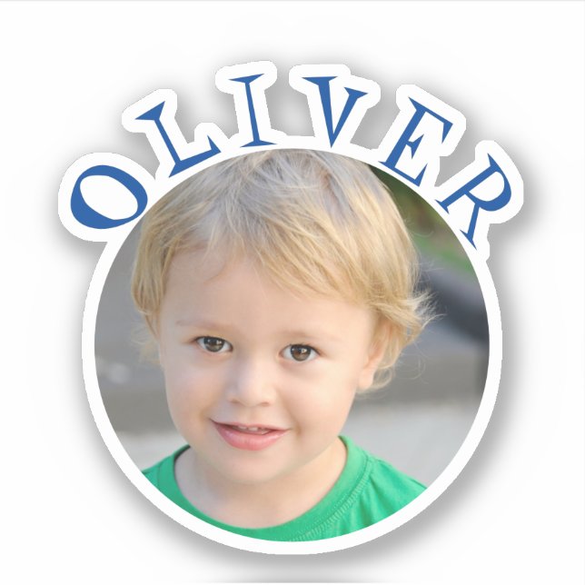 Cute Blue Round Frame Name and Photo Kids Sticker (Front)