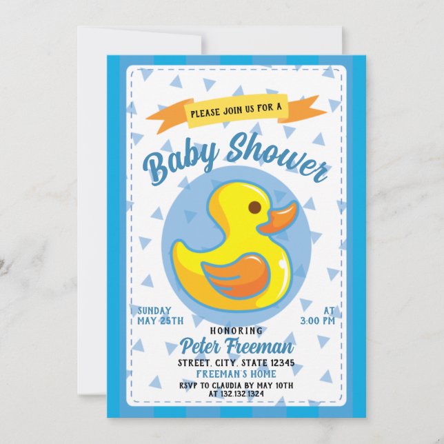 Cute Blue Rubber Duck Toy Boy Baby Shower Invitation (Front)