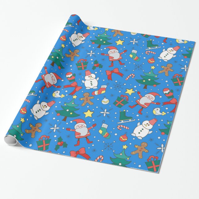 Cute Blue Santa and Friends Wrapping Paper (Unrolled)