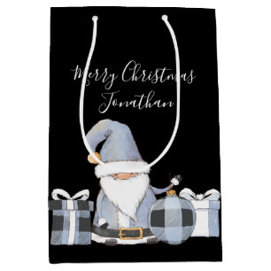 Cute Blue Santa Gnome with Gifts Medium Gift Bag