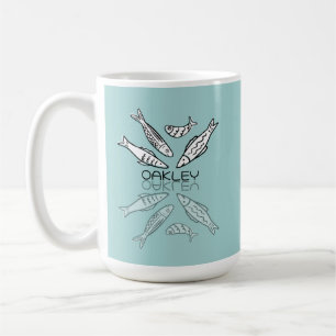 Cute Blue Sardines Reflection Doodle Custom Name Coffee Mug