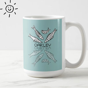 Cute Blue Sardines Reflection Doodle Custom Name Coffee Mug